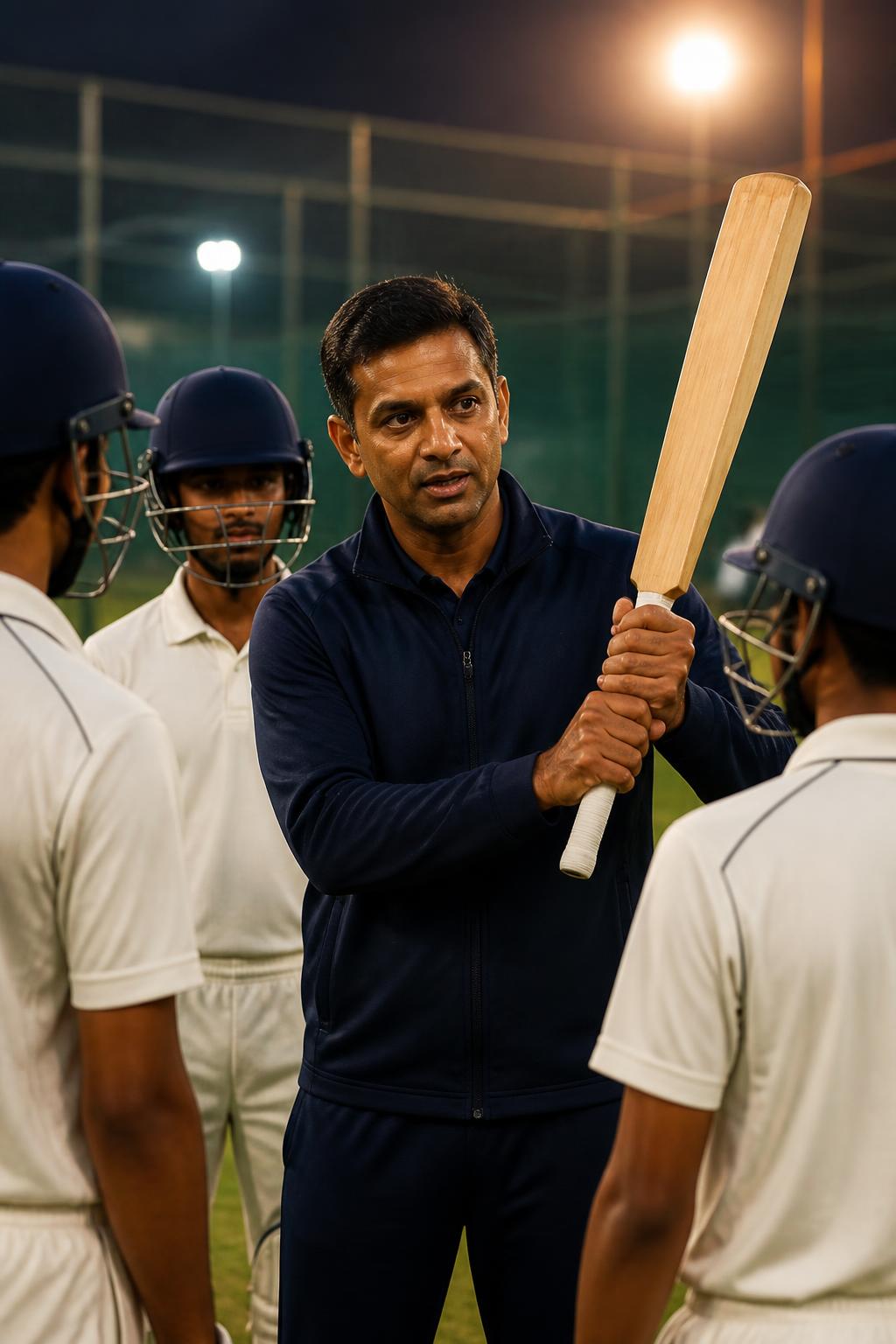 KAM Sportz coach demonstrating batting technique to young players